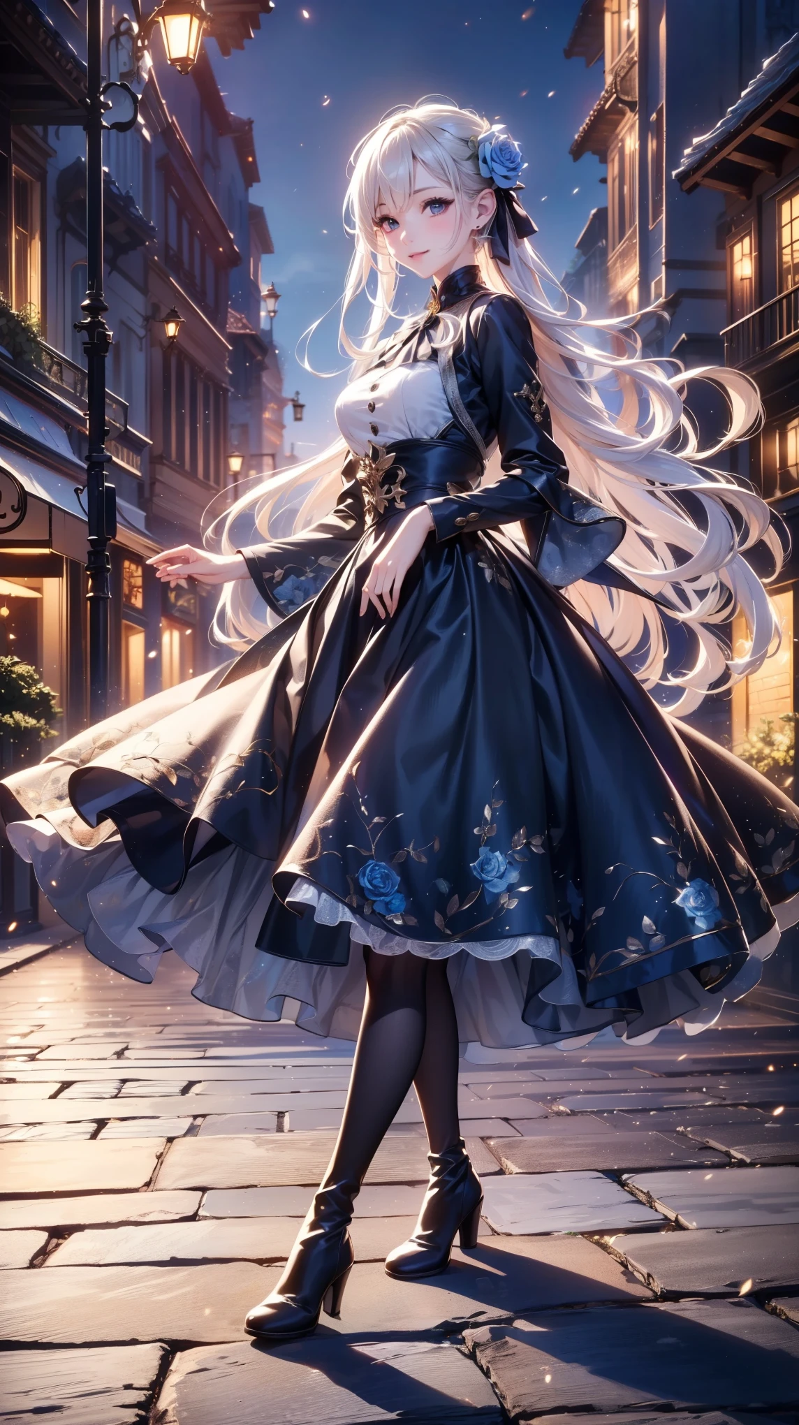 ( very detailed目, very detailed顔), ( realistic にสุดๆ, high resolution ), ( Top Quality :1.4), ( Top Quality ), portrait, 5, Midea, 1 girl ,score_9, score_8_ up, score_7_ up, score_6_ up, score_5_ up, score_4_ up, realistic skin texture that lasts deep into the middle of the night 、 Deep Night , RAW photos , ( realistic に, realistic :1.37), very detailed, Pro Pictures , (masterpiece:1.3, Top Quality , s uper high resolution, Ultramore ), ( realistic , photo realistic :1.4), beautiful illustrations , perfect lighting, anime style .( masterpiece : 1.2), ( very detailed: 1.2), ( very detailed CG: 1.2), ( high image quality : 1.2), (最 high image quality ), 8k, animated illustration , 、 beautiful girl 、とても cute天使、 gothic dress 、 cute、、smile、 long skirt、 Black Long Boots 、 Turquoise Eye, cute女性 ,street, Candy Store , sign,European Buildings,slate paved ,Rose flower,