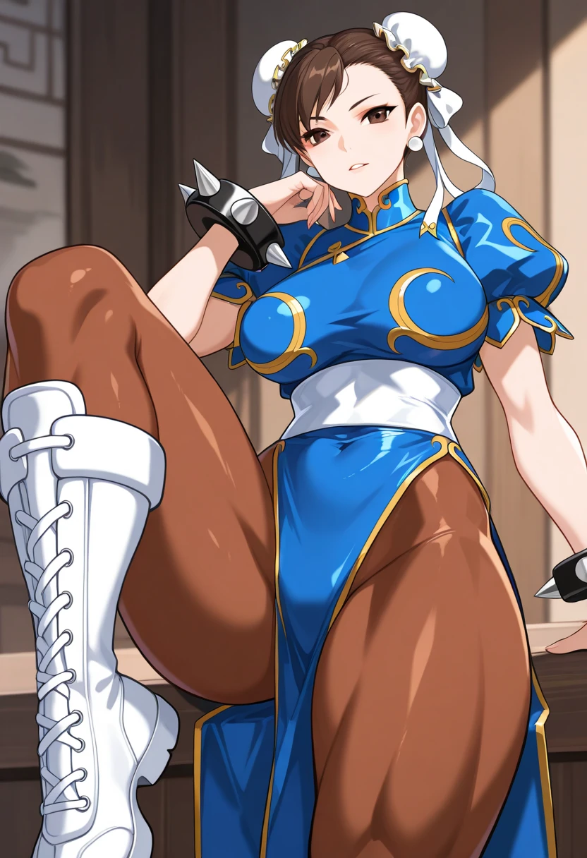 rinooyama,1girl,belt,brown hair,dougi,gloves,fingerless gloves,headband,headwear,purple eyes,short hair,cameltoe,large breasts,