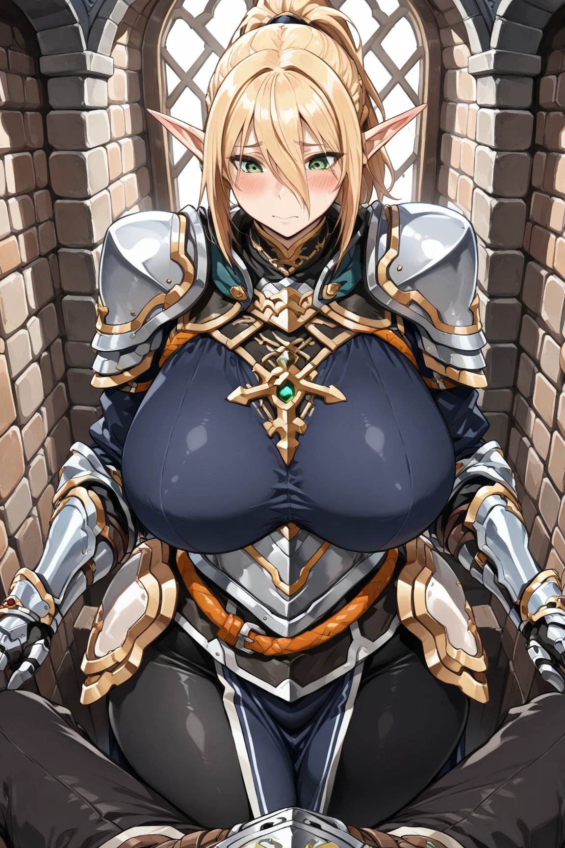 "(masterpiece:1.1), best quality, 
1girl, (80s anime style:1.3), (eyelashes:1.5), (loli:1.2), 
(intricate high detailed body:1.2), 
(yellow hair:1.1), (forehead:1.1), (short hair, wavy hair:1.1), (flower brooch, hair ornament:1.2), 
purple eyes, (red lip stick:1.3), 
(gigantic breasts:1.5), 
(light smile:1.2), open mouth, (blush:1.2), 
(see-through cloth leotard armor, navel cutout, tattoo:1.2), (garter belt:1.2), (topless, nipple, big areola:1.3), 
(knight armor, armored boots, capelet:1.2), (ahoge:1.2), necklace, 
(kneeling, spread legs:1.1), 
(cowboy shot, cameltoe:1.1), 
(daytime, grassland, outdoors:1.2)"