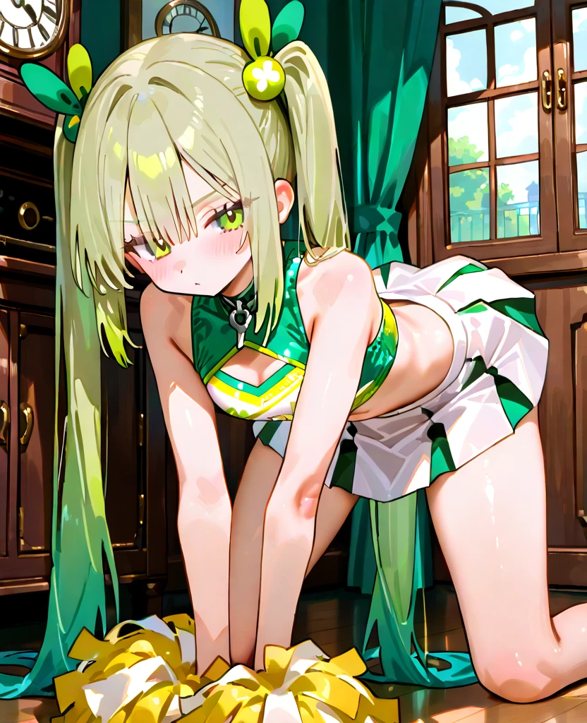 (masterpiece),best quality,ultra-detailed, perfect hands(Delicate finger expression), perfect legs, Delicate eye expression, delicate face expression,1girl (teles,, lovely small breasts, be short, naked body, earrings, jewelry, blonde hair, long hair,green ribbon, green eyes, empty eye), blank face, facing viewer, looking at viewer, parted lips, Solo, maid (black), frill, apron, ultra mini skirt, maid headdress,skirt lift, pussy, in the livingroom, standing, come-on, lure, beautiful women, Cute girl, skirt lift, love juice flows out of her pussy ,