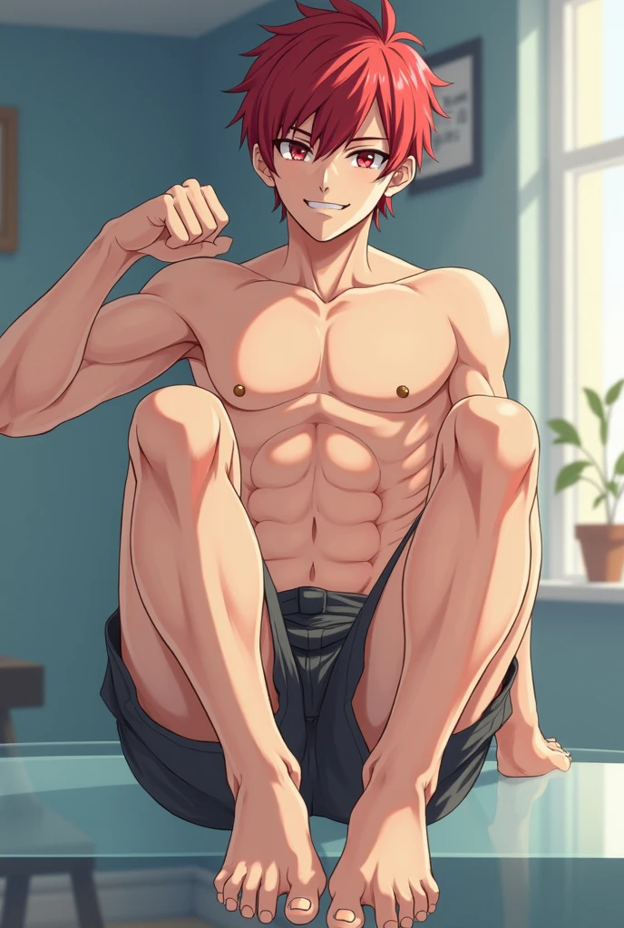 1boy, wolf ears, wolf tail, short fluffy red hair, sharp blue eyes, slim waist, ultra masterpiece, shirtless, sweatpants, livingroom setting, big thighs, seductive, blush, wide hips, femboy