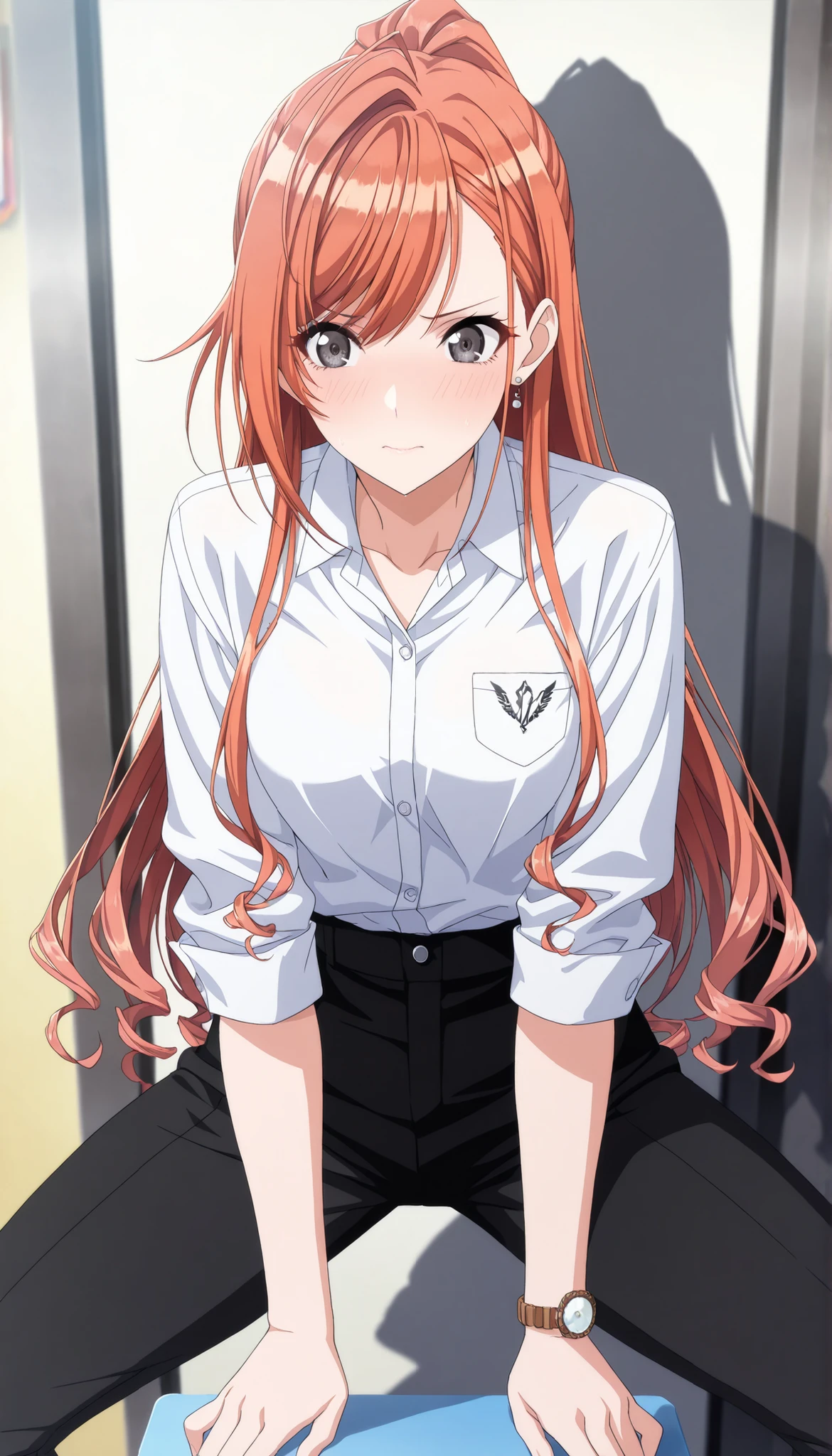 (masterpiece),(best quality),(ultra-detailed),(best illustration),(best shadow),(absurdres),(detailed background),(very aesthetic),arisugawa natsuha, 1girl, solo, orange hair, medium hair, ahoge,(high ponytail), swept bangs, (straight hair:1.5), black eyes, small breasts, anime screencap, white shirts, collared shirt, shirt, long sleeve, black long pants, long thighs, (aged up), light embarrassed, standing, spread legs, ,