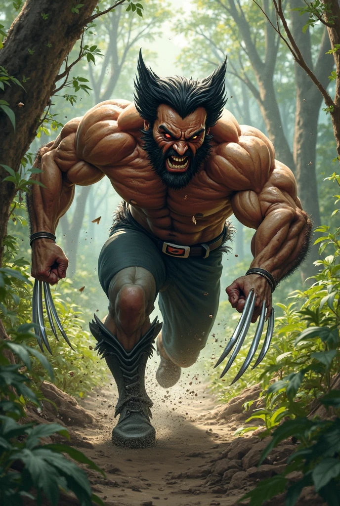 In the heart of a rugged and raw wilderness, the iconic figure of Wolverine emerges as a muscular giant, towering over the landscape. His broad shoulders and bulging biceps ripple with power, showcasing his formidable strength. Dirt clings to his chiseled body, accentuating every muscle and sinew. His huge feet, adorned with sharp claws, stomp the ground with unyielding force. The sunlight (1:2) pierces through the dense forest canopy, casting long, dramatic shadows that define his monumental silhouette. The rich, earthy tones of the forest (Masterpiece: 1.2