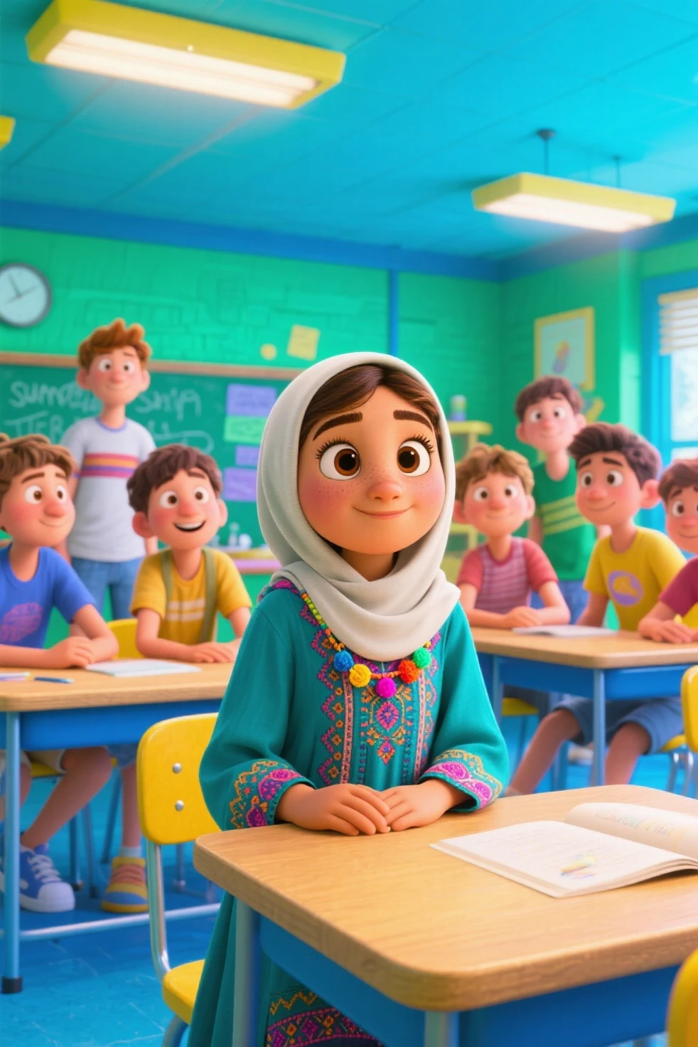 Create a realistic scene of mix of students in a classroom in Katsina, Nigeria. The students should have natural dark skin tones and be wearing school uniforms, with girls in white long hijabs featuring red headbands and boys in white shirts with red trousers. The classroom should have a lively, yet focused atmosphere, with students engaged in activities such as using computers and working together. The image should capture the essence of a real-life school environment in Northern Nigeria, with a warm and authentic feel, avoiding any stylized or 3D appearances.