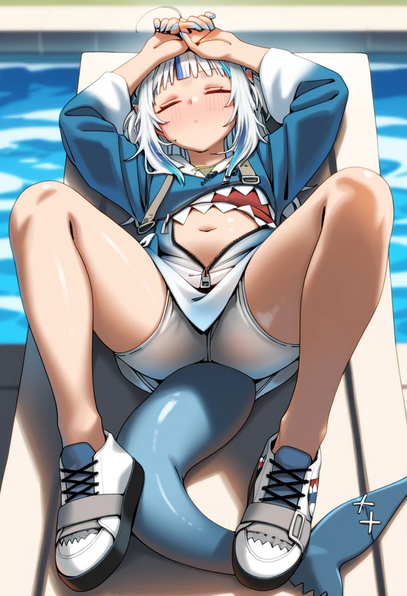Gawr gura, skimpy clothing, big ass, see through top, panties visible, looking at viewer, sexy, perfect anatomy, detailed, high quality, high res, beach, leg spread, ((crotch focus)), below view, shark hoodie