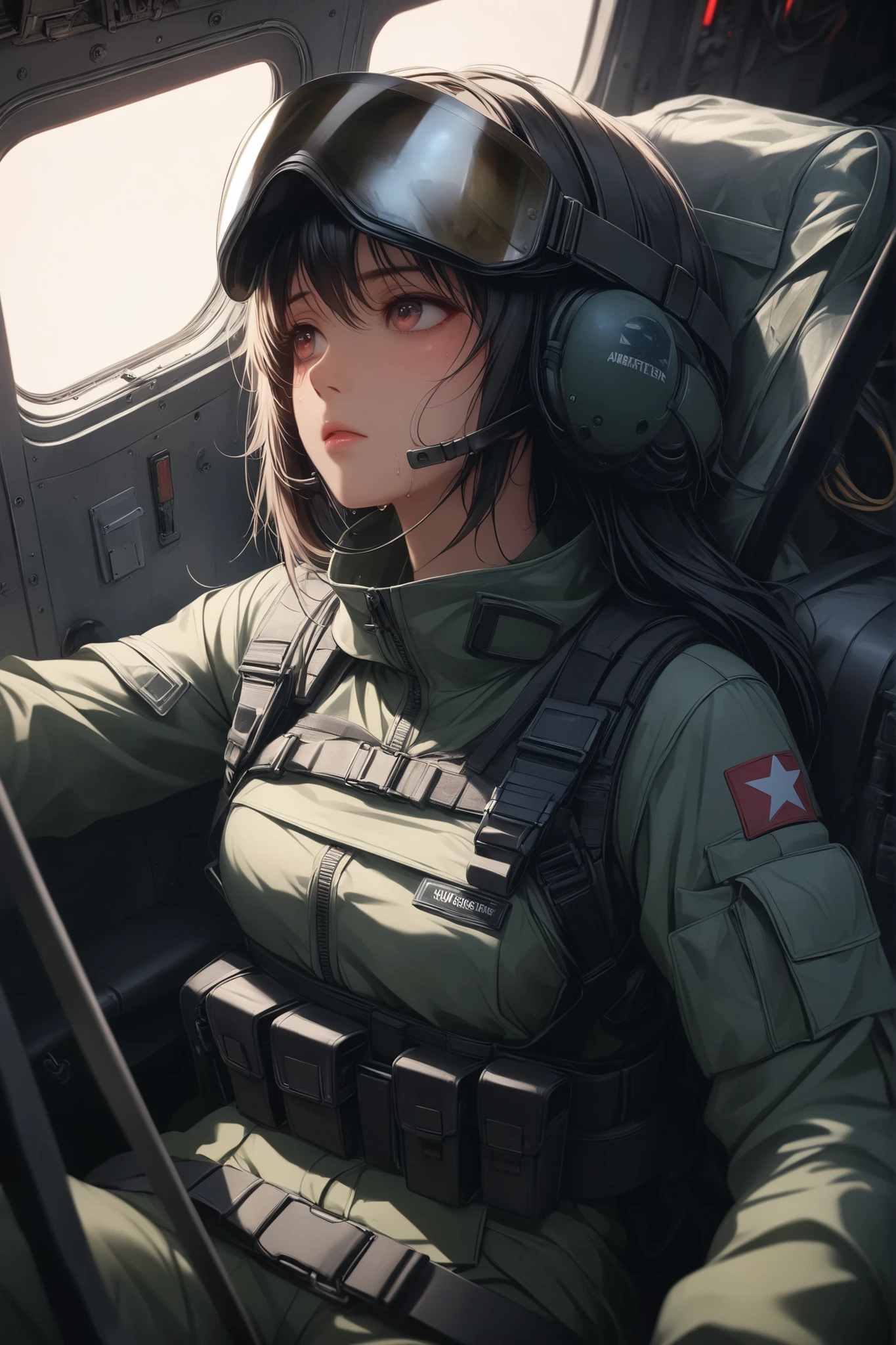 Masterpiece, realistic, sci-fi science fiction, realistic sci-fi movies, detailed facial features, realistic, in a single shot, detailed fighter planes, realistic high-tech fighter planes, cinematic angles, shades that Most realistic, detailed environment,( beautiful CG:1.4 ),Standing on an aircraft carrier in the sky,Detailed realistic eye sockets,Fantastic shadows,Tonal coverage,Beautiful colors,Woman,adult,short,small chest,26 years old,dark green eyes, Purple-black hair, two braids in the back, smooth bangs in the front, red glasses, a solemn expression, (ref. WWII white German Air Force general uniform: 1.5 )