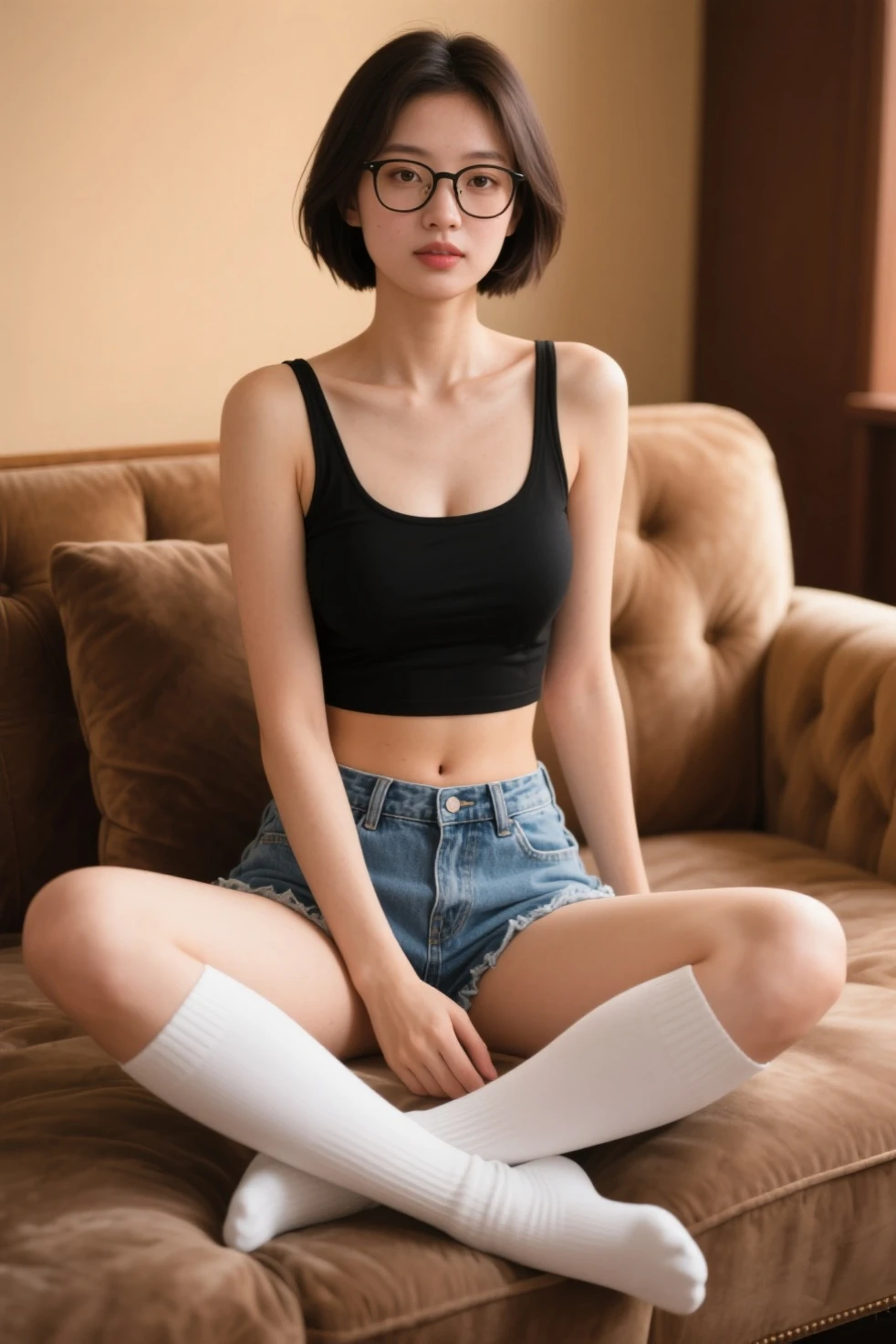 woman sitting on a swing chair, sleeveless black top and orange shorts, solo, cute look, stylish pose, 30 years old woman