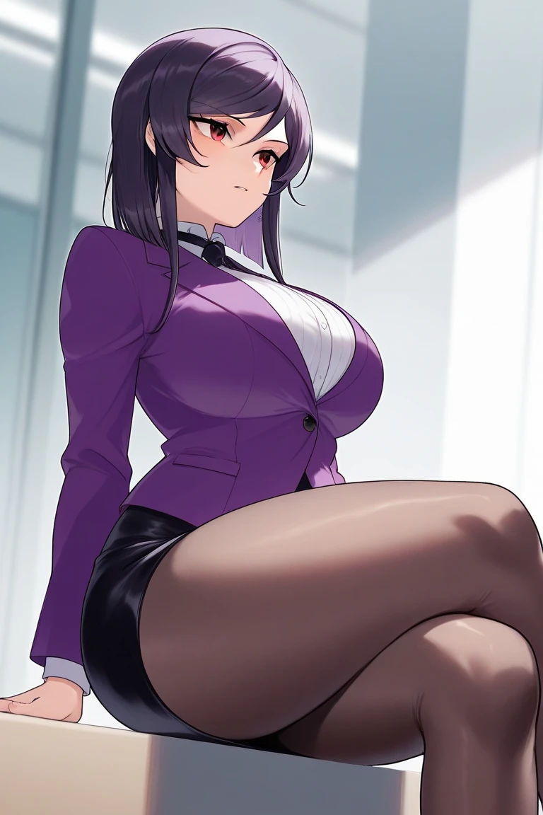 hmanga, (best quality, masterpiece:1.2), ultra detailed, (anime), 1girl, Eri Morita \(Succubus Yondara Gibo ga Kita!?\), dark purple hair, hair between eyes, hair tie, purple eyes, large breasts, milf, lips, glasses, teacher, pantyhose, heels, grey skirt, pencil skirt, blue jacket, open shirt, unbuttoned, black bra, lace-trimmed bra, standing, (looking at viewer), (front view), room, full body,