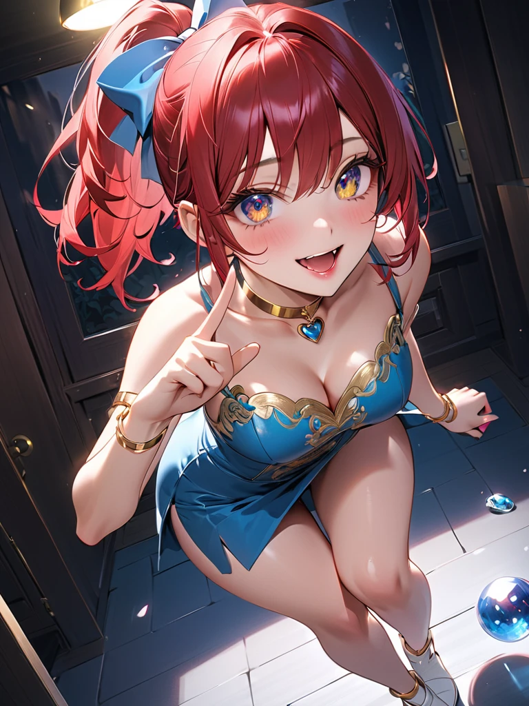 (8k, masterpiece), high resolution, high quality (best quality), Android 21, she wears a sailor moon dress, with a seductive look and smile, at an anime event, spectacular dynamic lighting, beautiful eyes, delicate face, detailed skin, detailed breasts, vivid colors,