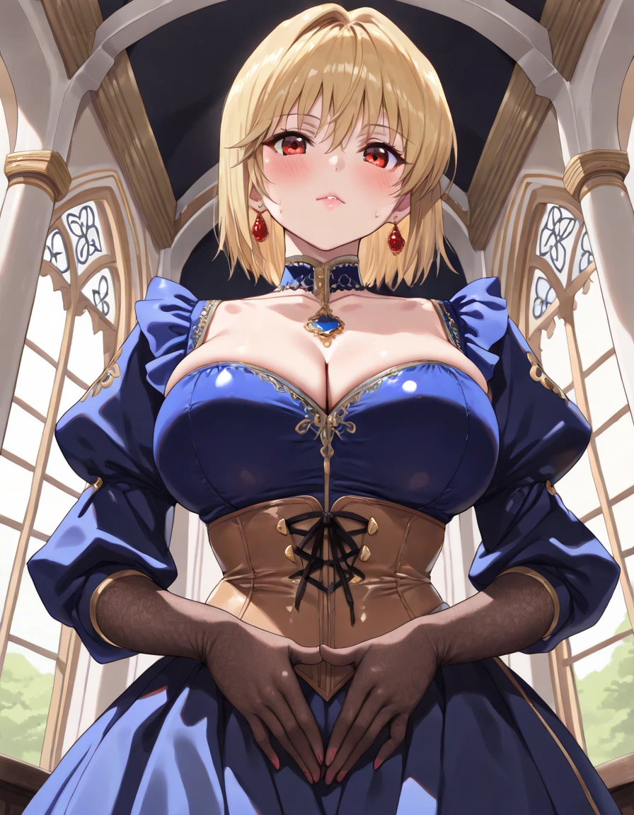 masterpiece，8K，A woman with big tits，Gorgeous woman，transparent，Long blond hair，big hair，((hime cut))，Gorgeous jewelry，Crystal Hair Accessories，Cleavage，pubic，In front of the altar of the majestic church、（Blurred background）、Brighter light，(Elegant gloss）、Lots of ribbons、((Puffy sleeves))、Long cuffs，Multi-button、Gold embroidery、Long trains、White embroidered gloves、Five fingers、red cheeks，(nsfw:0.5)，