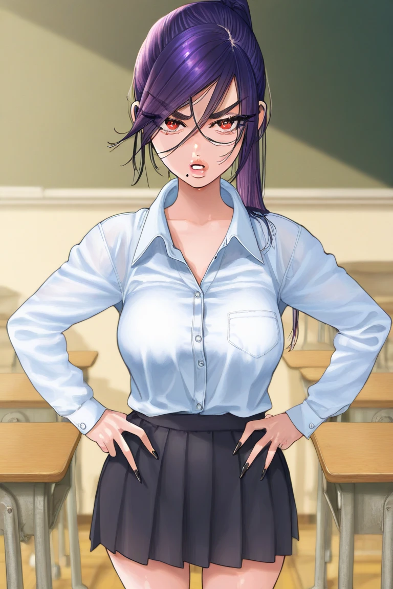 (Masterpiece, Best Quality, High Quality:1.4), professional artwork, well drawn, Intricate Details, field of view, sharp focus, detailed painting, masterpiece, cinematic lighting, trending on pixiv, (vivid lighting, vibrant colors, by by Nagasawa Rosetsu:1.2),
Yamasaki Suzuko, mature female, female teacher, milf, standing near chalkboard, holding chalk, desk, classroom, afternoon, (upper body:1.1),
(pink hair:1.1), long hair, ponytail, lipstick, makeup, ultra detail hair, ultra detail face, (under-rim eyewear:1.1), perfect eyes, perfect face, earring, serious expression,
sleeveless, sleeveless shirt, white pink shirt, pencil skirt,
(Large Breasts:1.1), Cleavage, big ass, <lora:YamasakiSuzuko-000009:0.9>, <lora:add_detail:1>
