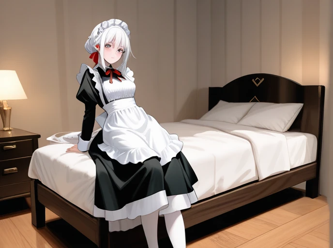 (tmasterpiece,Best picture quality,8K,Abeautifulgirl,A natural smile,short skirt,white stockings,The movements are natural and elegant,Maid uniform,gentleness,lovly,C cup chest,Luxuriously decorated and elegantly decorated rooms,Big warm bed,cute cats)