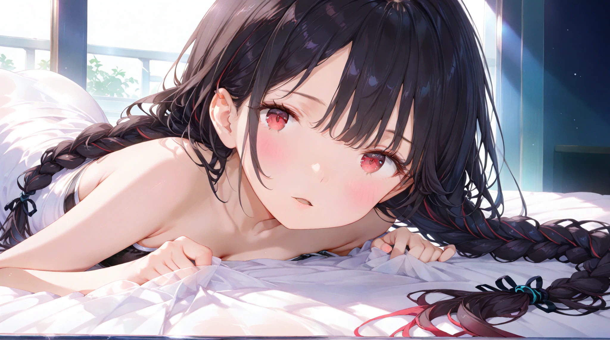(From Side), Small breasts, sideboob barbosa, (flat chest), (Drooling), (Wet), (deadpan), (Tears), up looking_で_viewer, 10 year old fashion trendy beautiful beautiful beautiful girl, Gentle and attractive Chinese beautiful girl, 10 years old, Delicate and sexy collarbone, charming oval face, Double eyelids, Smart peach blossom eyes, Pink lips, small nose, Bare shoulders, Focus on the face, Chest close-up, Ultra high definition, Super Detail, Fresh and impressive, Nipples are visible, Bedrooms, Kneeling in bed
