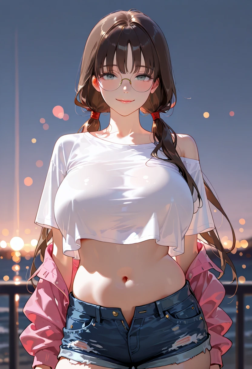 realisticlying、11 year old girl、Super close-up looking up from below the chest、Breasts enlarged、Wear a cropped sweater that emphasizes the bottom of the chest、Wear plaid shorts、Slightly thicker emphasis on thighs、Wearing glasses、Versatile sexy poses、Tokyo on Christmas Night、Face smile、Face Real