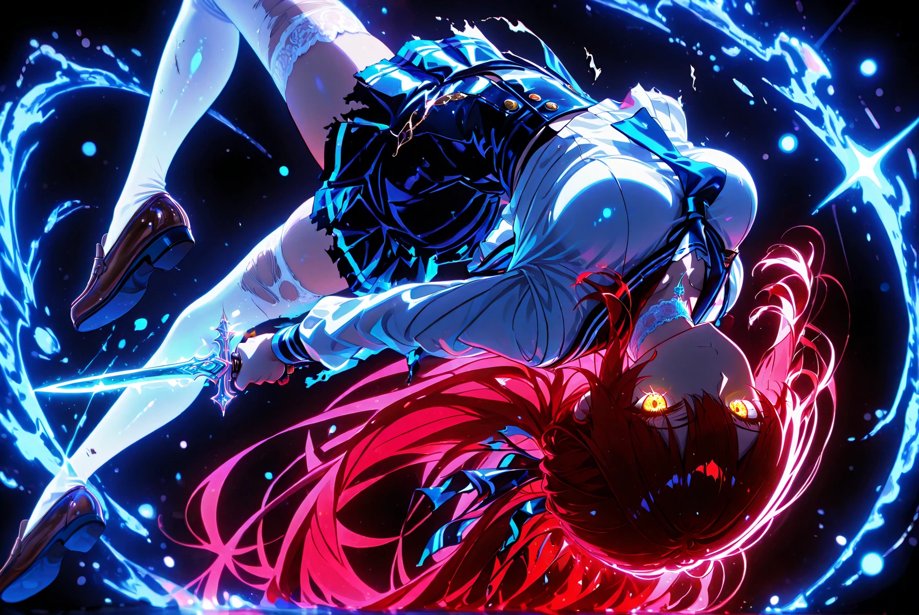neon art, neon lineart, colorful neon lineart, neon silhouette, silhouette, neon colors, glowing, glow effect, bright outlines, vibrant colors, high contrast, dark background, digital art, extreme perspective、upside-down, backflip、Whole body expression, 1 girl , golden eyes , very long hair , long sidelocks, red hair ,half updo, petite , very cute , beautiful ,Straight hair, cool, handsome, hair between eyes, sexy, medium breasts , white lace choker, school uniform, neon trims, white shirt, marine blue necktie, marine skirt, intricate white thighhighs, brown loafers, torn clothes, scratch, solo, glowing eyes, looking at viewer, dynamic shot, dynamic view, dynamic pose, (holding dagger), crouching, foreshortening, bokeh, glittering, sparkling, blood splash, bloody, blood, blue theme, (((black background))), side view, from side