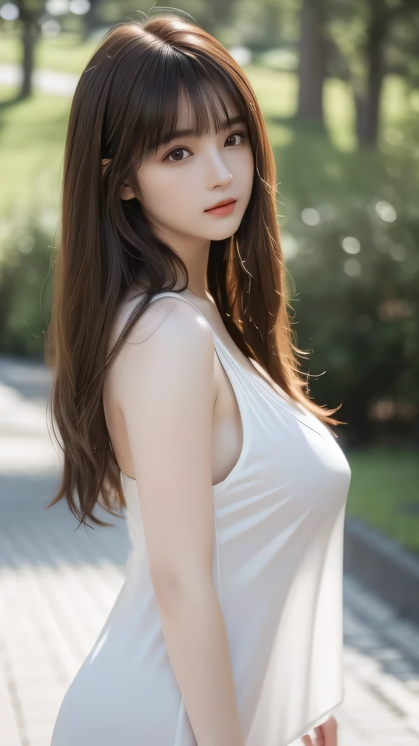 masterpiece、Highest quality, Ultra-high resolution、8k,photograph、1 girl, (Skin dents), Large Breasts:1.8), bright, Blurred Background, (Asymmetrical bangs, Please comb your hair、very long wavy hair:1.5), (Floating Hair:1.0)、(Loose-fitting off-the-shoulder summer knit)、(Loose chest)、(Sunburn marks on chest)、(Deep cleavage)、(soft, drooping udder)、Heterochromia iridis、sad、grassland、Spring Sky、Soft sunlight