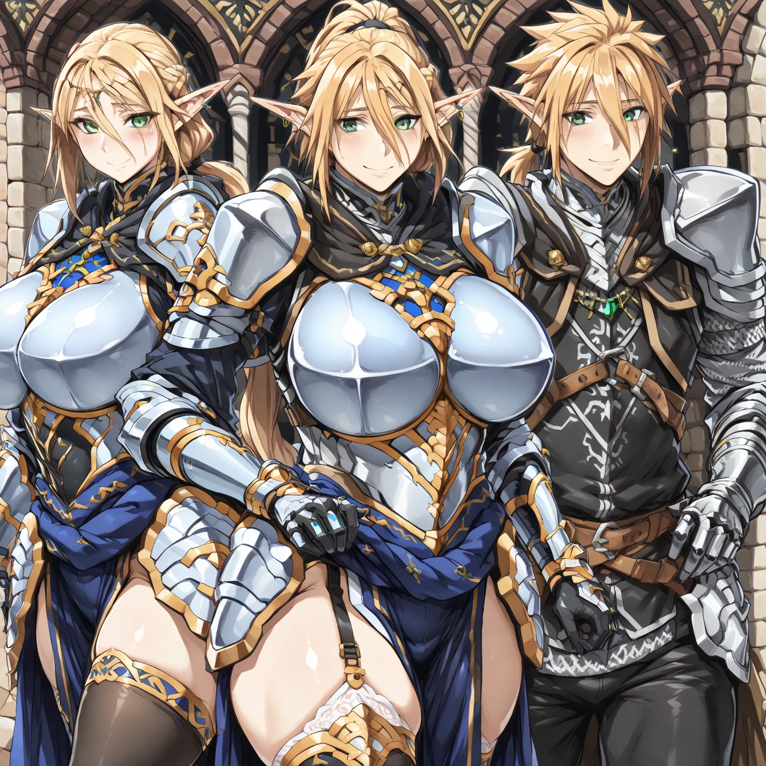 1girl, beautiful, perfect lighting, muscular, thighs, large breasts, mature female, milf, navel, abs, looking at viewer (masterpiece, high quality:1.1), blonde hair,horse ears,paladin,armor,