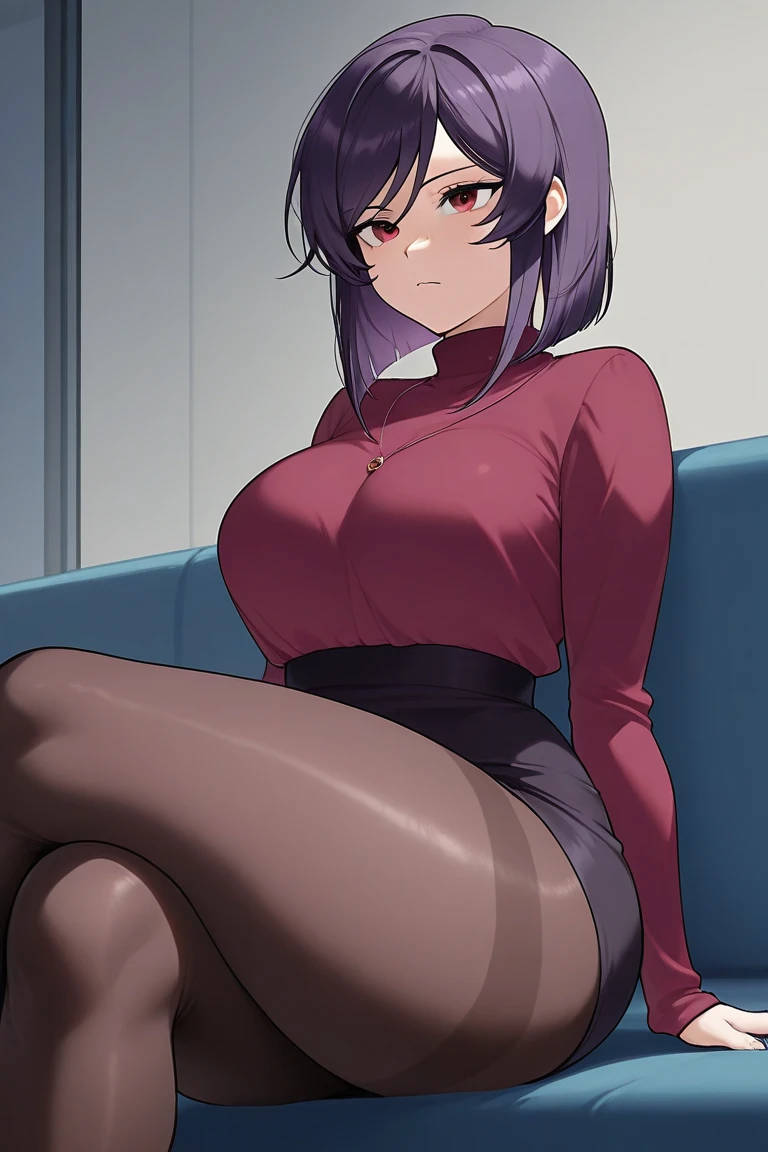 Superior quality, Masterpiece, ultra high resolution, image of a 1 girl with short brown hair is in a room and is wearing only a very loose black sweater. She looks shyly, her cheeks are blushing and she is sitting on a sofa