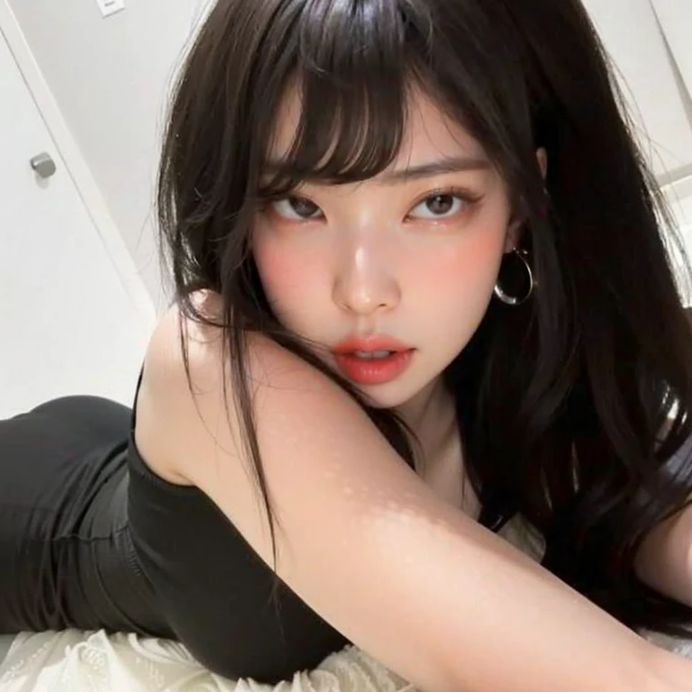 1 girl, japanese, 4k, realistic, shiny skin, texturized skin, long whavy brown hair with bangs, robotic eyes, purple eyeliners, shining red lips, freckles, very large breasts, black tank top, boob tent, lying down in bed, smiling, posing, black panties, black leggings, facing viewer.