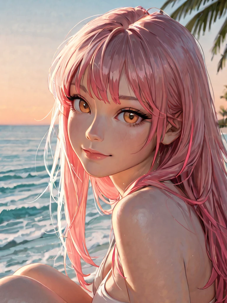 (((Best quality))),(Realistic shadows),(((Very fine lines))),Beautiful,Exquisite,16K,Full HD,Absurd,Beach,((Upper body,Soft expression)),Shine,Micro bikini,Curvy,Belly button,Dimples in the skin,Beach,Standing with a graceful smile,Pastel colors,Long pink hair,Straight hair,Green eyes,Long eyelashes,Beautiful eyes,Pale pink cheeks,Light eyes,Long and slender legs,