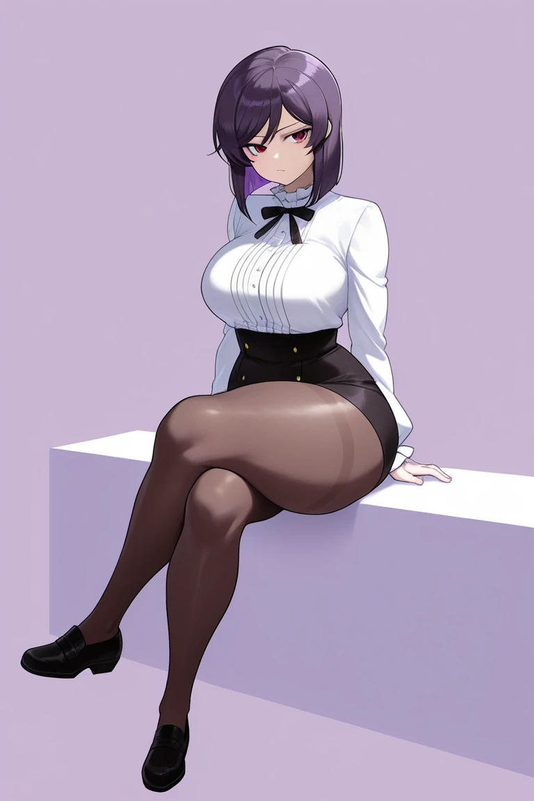 masterpiece, best quality, suzune, purple hair, red glasses, red eyes, white shirt, cleavage, lace trim, pencil skirt, garter straps, black thighhighs, high heels, large breasts, looking at viewer, classroom, (from below:1.4), contrapposto, hand on hip, serious, pov, dramatic angle 