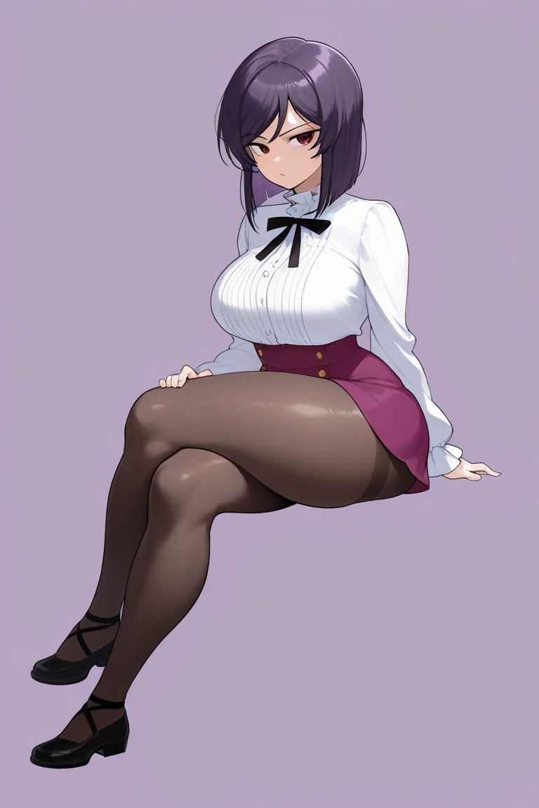 super detail, masterpiece, 8k a curvy women , pink skirt, black tight, black hair, purple eyes, standing indoors