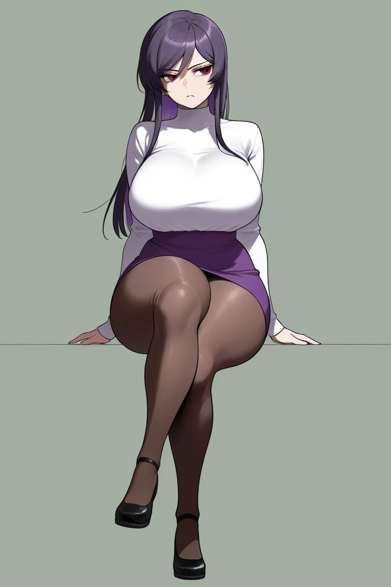 A sultry shot of a seductive school teacher. The camera captures her from head to toe, showcasing her luscious locks flowing down her back like a golden waterfall. Her huge breasts strain against the thin fabric of her sweater, drawing attention to her curvy figure. A slim waist defines her silhouette, while light makeup and bold lipstick accentuate her features. High heels elongate her legs, making her appear even more statuesque. Pantyhose-clad legs splay apart, revealing a tantalizing glimpse of her intimate treasures. The full-body shot exudes confidence, as if she's about to command the classroom with a single glance.