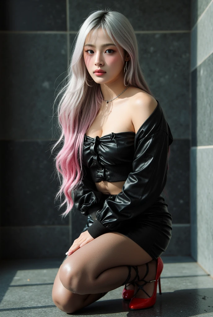 1 girl, Korean model, extremely beautiful, perfect body. Photo taken with Canon EOS R5 85mm f/11 Camera, ((sharp)) mode of people and surrounding scenery. Image quality ((8K)), ((lifelike)), ((masterpiece)), ((sharp and highest contrast)), ((great depth of field)), ((light stereolithography)). ((Pink hair)), long and smooth, the wind blows it beautifully under the bright sunlight. Beautiful face, perfect and sexy, holy, perfectly balanced, ((beautiful in every detail)), ((shiny)), ((high-end cosmetic makeup)). Bright smile, pure white teeth and details. Seductive glossy red lips, ((brilliant glossy red lipstick)). The eyes are brown, glossy, seductive, ((sharp makeup)), realistic, ((wet eyes)) and detailed. Pink eyeshadow, long eyelashes, blush, high-end cosmetics. Two delicate eyelids, perfectly beautiful and detailed, black eyelashes. Eyebrows are curved, sparse, sharp and detailed. High and detailed nose. Cheeks are prominent and detailed. ((Bright white skin)), detailed pores, ((shiny skin)), smooth and tight skin. Long, shiny legs. Beautiful, perfect hands, ((no flaws)). Big and full breasts, ((prominent and detailed nipples)), deep and firm cleavage, tight under the bra. Buttocks are plump and fit into underwear. ((Light shines directly on the face)), bright sunlight, ((light shines on the front part of the girl's body)).
Gold and silver earrings, ((diamond necklace)), emerald belt, watch, ((extremely thin white shirt)), ((extremely short leather skirt)), ((shiny black leather boots)) , ((jade bracelet)), (((sitting with legs apart))), (((underwear exposed)))