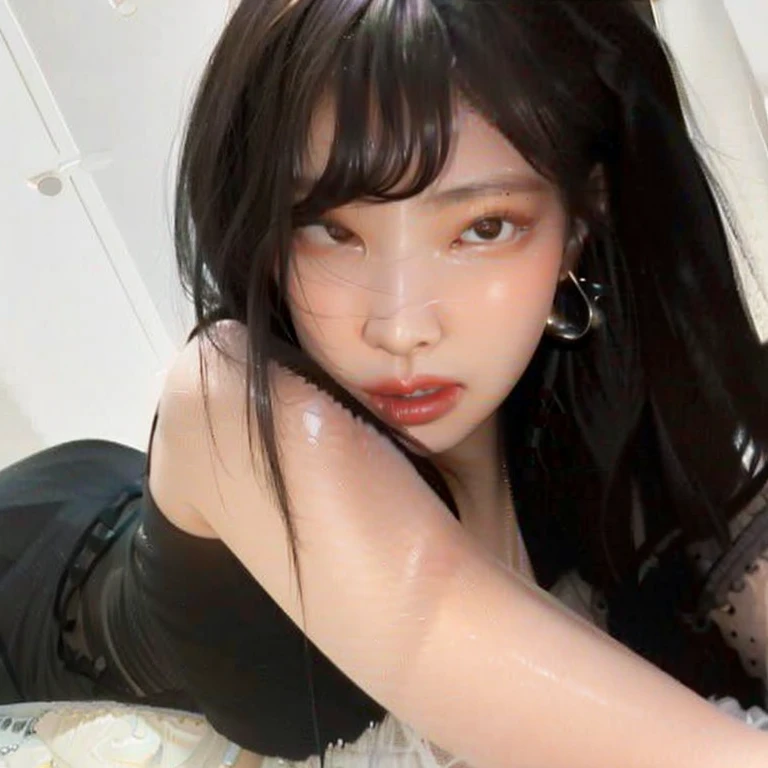 black long hair, huge 1,6(exposed), delicate hair, skin whitening, Sweater dress lying on its side, red eyes, red lips,perfect face, long tongue, Stick out your tongue,perfect body beauty 1.4
