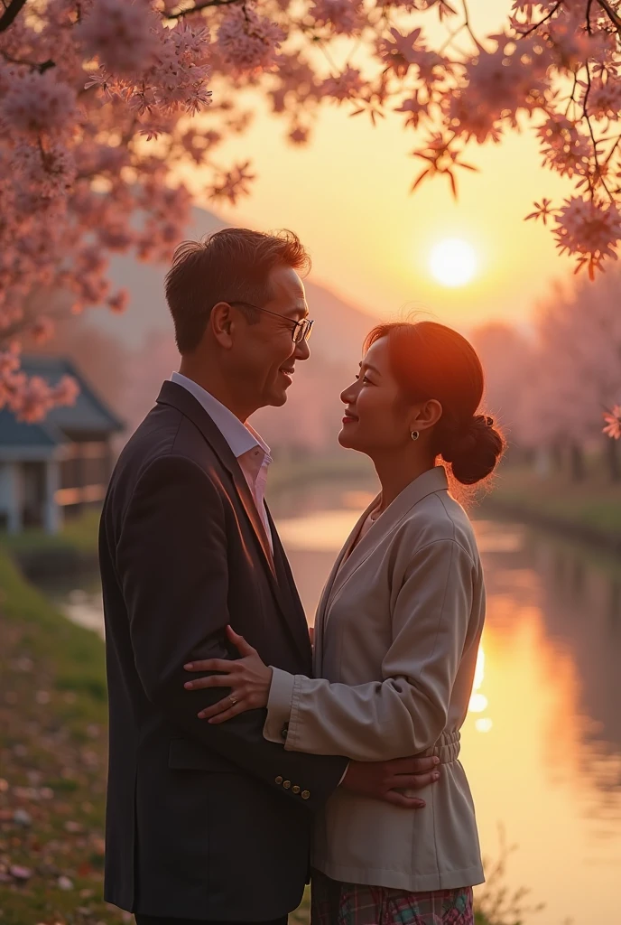 1girl, 1boy, sensitive innocent hugs, kiss_on_forehead, , fuji, hanami, hdr, bokeh, 200mm lens, pastel