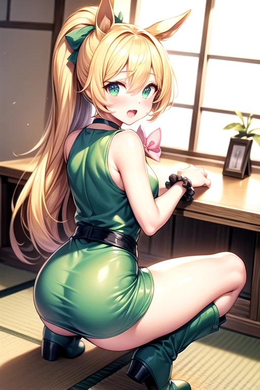 High resolution, Very detailed, perfect lighting, beautiful detailed eyes, ((masterpiece,Best Quality)), absurdities, alone, princess zelda, by the width, crown braid, Hair clip, pointy ears, Gloves without fingers, black gloves, smile, curves, nod, , deep neckline, deep neckline, green military thong, touching her breasts in a sexy way, close up, pigtails with bangs, pigtails with bangs, touching her breasts in a sexy way, teal eyes, close up, pigtails with bangs, green military beret, Slim fit sailor suit, Slim fit sailor suit, short black skirt, On knees, On knees, green military beret, green military stockings, crouched on her knees, overhead, overhead, view from behind, view from behind, big ass, pigtails with bangs, sexy blue lingerie, by rubio
