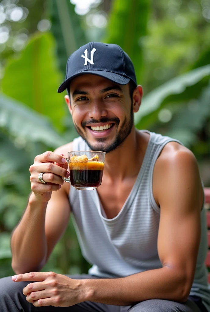 Homem tatuado sorrindo, with a cup of coffee in hand