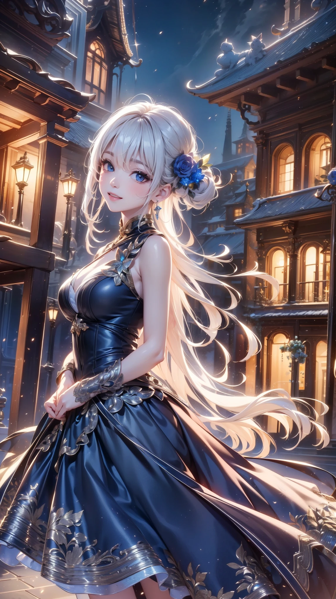 ( very detailed目, very detailed顔), ( realistic にสุดๆ, high resolution ), ( Top Quality :1.4), ( Top Quality ), portrait, 5, Midea, 1 girl ,score_9, score_8_ up, score_7_ up, score_6_ up, score_5_ up, score_4_ up, realistic skin texture that lasts deep into the middle of the night 、 Deep Night , RAW photos , ( realistic に, realistic :1.37), very detailed, Pro Pictures , (masterpiece:1.3, Top Quality , s uper high resolution, Ultramore ), ( realistic , photo realistic :1.4), beautiful illustrations , perfect lighting, anime style .( masterpiece : 1.2), ( very detailed: 1.2), ( very detailed CG: 1.2), ( high image quality : 1.2), (最 high image quality ), 8k, animated illustration , 、 beautiful girl 、とても cute天使、 gothic dress 、 cute、、smile、 long skirt、 Black Long Boots 、 Turquoise Eye, cute女性 ,street, Candy Store , sign,European Buildings,slate paved ,Rose flower,