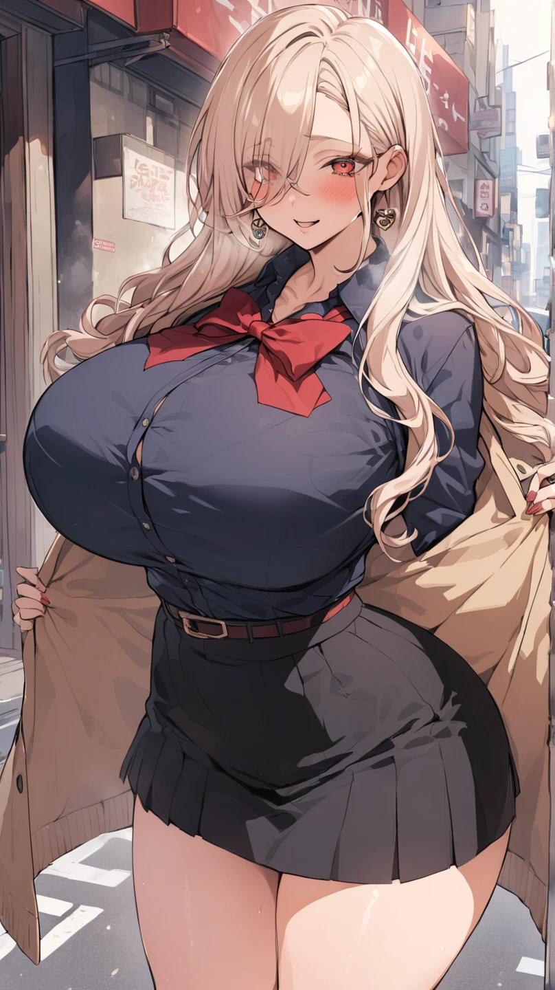best quality, solo mature woman, with ((((( huge fake breasts：48.7 )))), giant button, very curvy, chubby, long braided hair, pale pink apricot eyes, full lips, seductive, smiling, high collar coat, pencil skirt, huge arms,