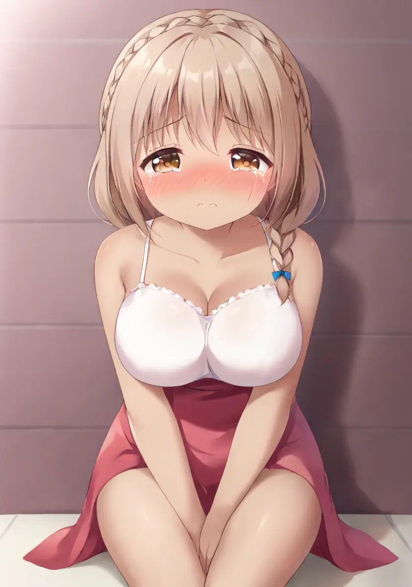 Cute little beautiful girl、Young face、Big Breasts、(Sad crying face blush:1.3)、Beautiful Eyes、Brown skin、Braid、Lift the chest、Place hands on crotch