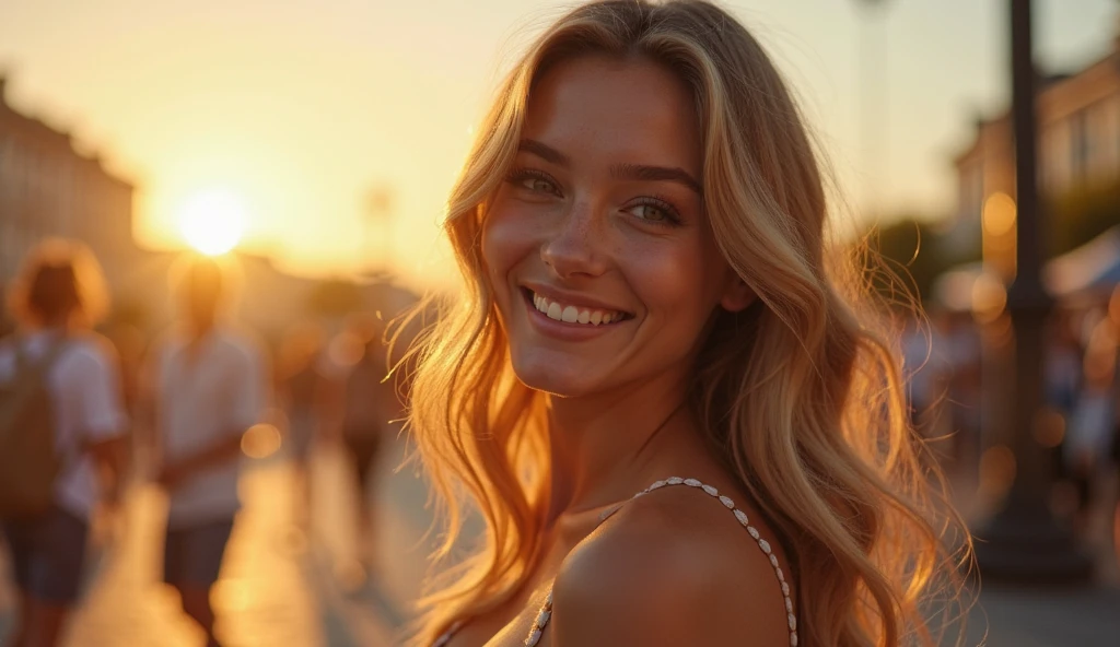 une belle fille aux longs cheveux blonds, yeux détaillés, nez, le sourire éclate, et les lèvres, tour effeil, Beaucoup de monde autour, prend un selfie avec son bras droit levé, (Meilleure qualité,4k,8k,haute résolution,Chef de'ouvrages d'art:1.2),ultra-détaillé,(Réaliste,photoRéaliste,photo-Réaliste:1.37),HDR,éclairage de studio,visage et corps très détaillés, portrait,Éclairage cinématographique,Éclairage dramatique,tons de couleurs chaudes,couleurs dramatiques,