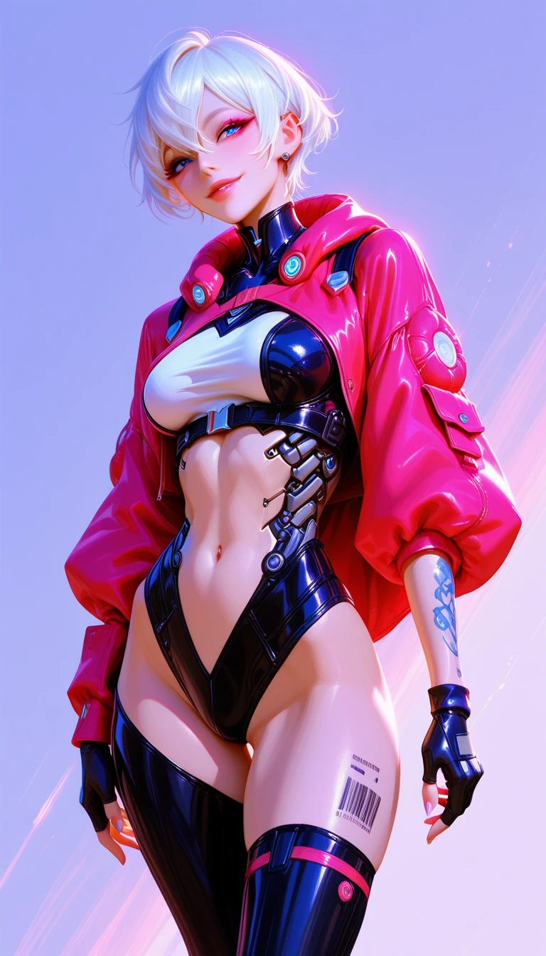 (RAW photo, best quality, masterpiece:1.2), (realistic, photo-realistic:1.4),(masterpiece:1.4),(best quality:1.4), ((cyberpunk catgirl)) solo, :d, (headphones), arms up, bangs, blush, bodysuit, breasts, dynamic pose, clothes writing, cowboy shot, cropped jacket, gloves, (((cyberpunk city streets background))), hair intakes, headphones, tech bodysuit, impossible clothes, tech jacket, large breasts, long hair, long sleeves, looking at viewer, large breasts, open mouth, pink bodysuit, pink eyes, red jacket, shrug \(clothing\), sidelocks, skin tight, smile, (laughing), (((thigh gap))), thighs, twintails, very long hair, white gloves, white hair,alice \(nikke\),(shiny skin),realistic.