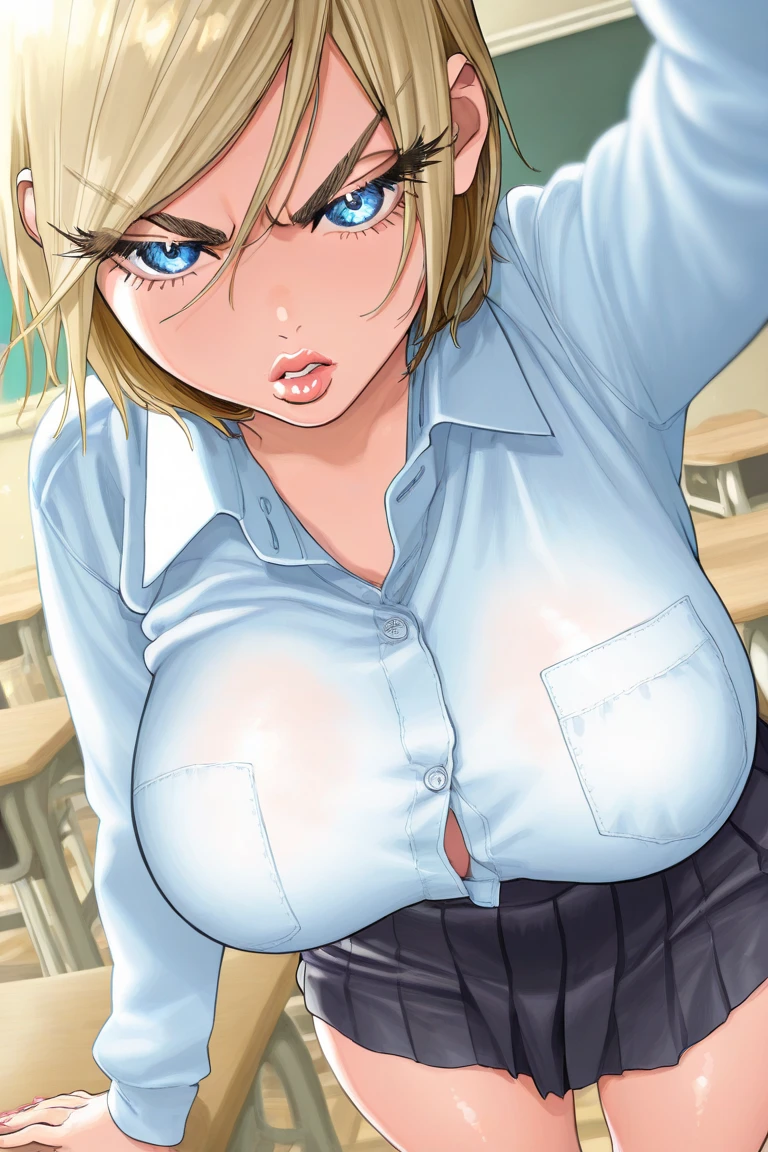 1 boy, 1girl,a beautiful fashion model ,(masterpiece, official art, best quality) (blue eyes) shiny hair, long bob, blonde hair with blonde streaks in hair, long bob, full lips, upturned nose, big boobs, stripping, elegant makeup, exhibitionism, naked in public, , slim thighs, toned body, shiny skin, sexy pose, blue eyes, (((arrogant, disgusted)))), narrow hips, wearing high hip thong and see-through top, , ((girl wearing white top and red plaid skirt, embarrassed)), gold hoop earrings, pink eyeshadow, thong, cute face, gym, (((girl having sex with man, girl riding boy cowgirl))),