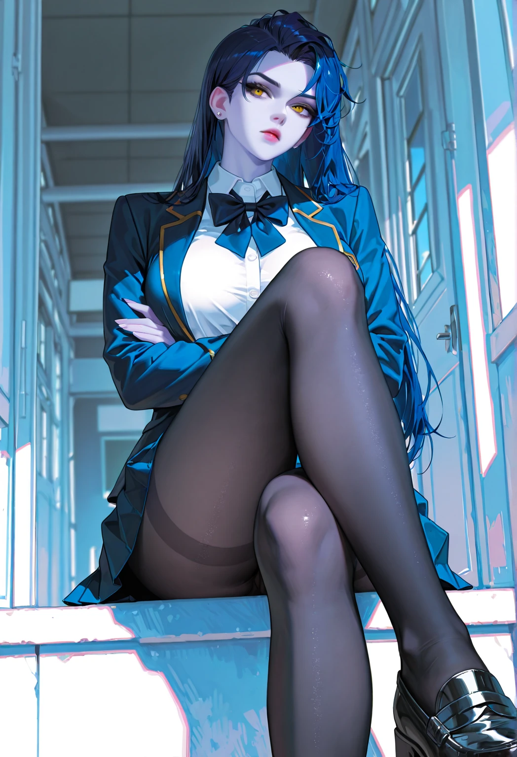 ((Vista aleatoria, plano de cuerpo entero, anime, estilo anime de mujer realista, (Blue-eyed Hungarian), 18 years old girl, ((blazer gris, cinta, minifalda plegada color azul marino, calcetines)), aula de Universitaria, hermoso detalle en los ojos, (eye size: 3/4) luz en la cara, ((foto de cuerpo completo: 1.2)), luz especialmente fuerte, (ojos superiores, sonrisa sonriente: 1.2), piel brillante, (((color de cabello aleatorio))), (muslos gruesos), ulzzang-6500-v1.1: 0.2, bashful, (Flash: 1.2), NSFW , (hinchado), ((postura seductora: 1.2, atractivo: 1.2)), (inactivo), (sentada en un escritorio: 1.2)), ((good anatomy: 1.2)), aula brillante y refrescante, Cute and symmetrical face, Natural side lighting, 8k, Fotos RAW, calidad superior, obras maestras, High Definition RAW color photos professional close-up photos, (realista, fotorrealismo: 1.37), (highest qualityr), (alto contraste luz sombras), (mejores ilustraciones), (erotic, sexy, ultra-high-resolution, 8K HD Unified CG Wallpapers, Physical representation, movie lighting), Canon EOS R50 camera with 50mm lens))