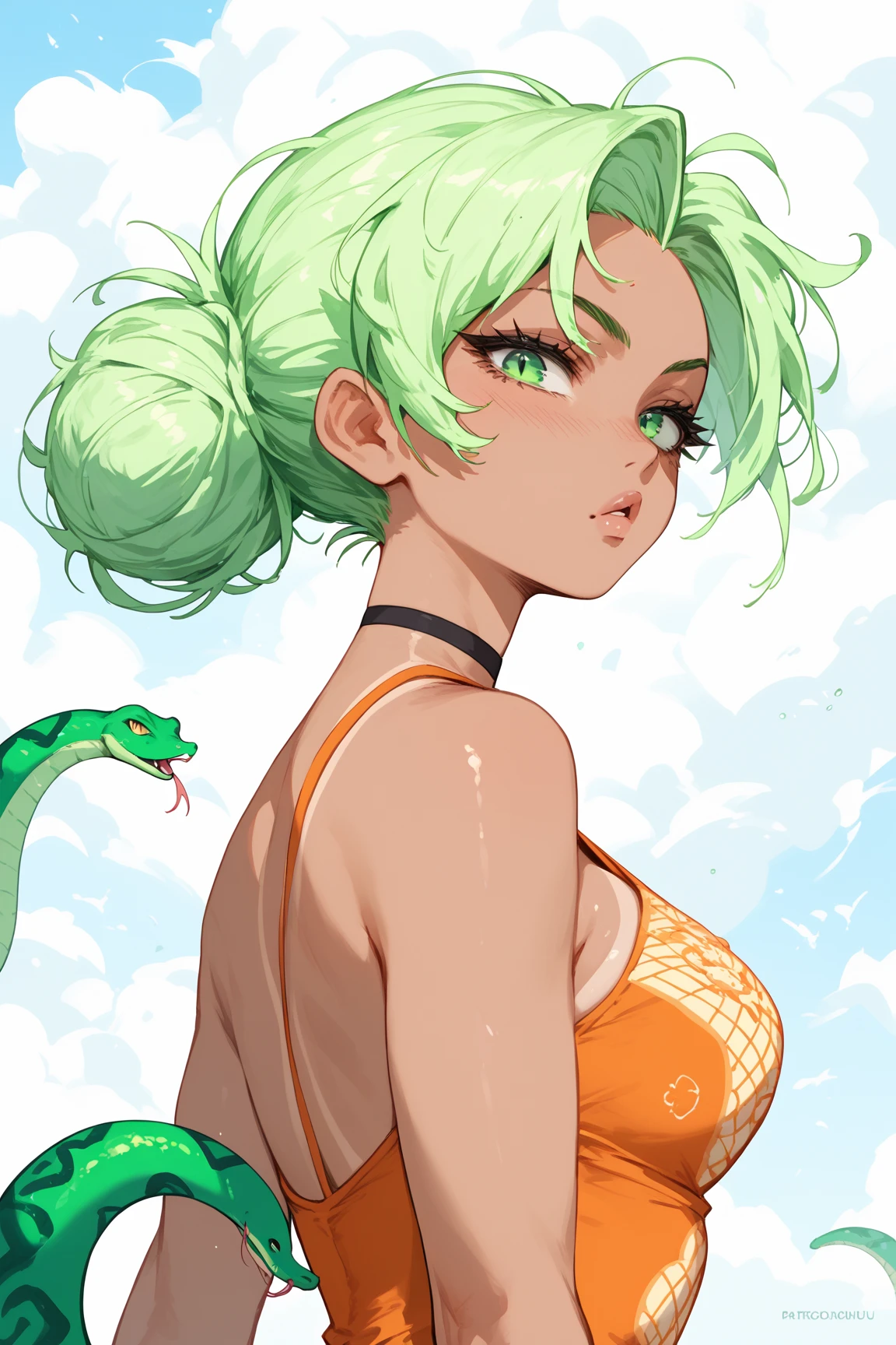 Super cute anthropomorphic white snake, in one's underwear only, Detailed White Snake, charming big eyes, Super fine,, Elegant Pose, charming big eyes, Ultra-Detailed Effects, with an intricate, Horned serpent, illusion engine, Octane Rendering, 8K, Luxury,length hair,Twintail,neon color,Red crystal eyes,Silk Detail See-Through Lingerie,Touching the head of a snake,nighttime scene,细致背景,Detailed snake face,Slimy skin,Pointed face,Green Python,((ultra gorgeous)),
