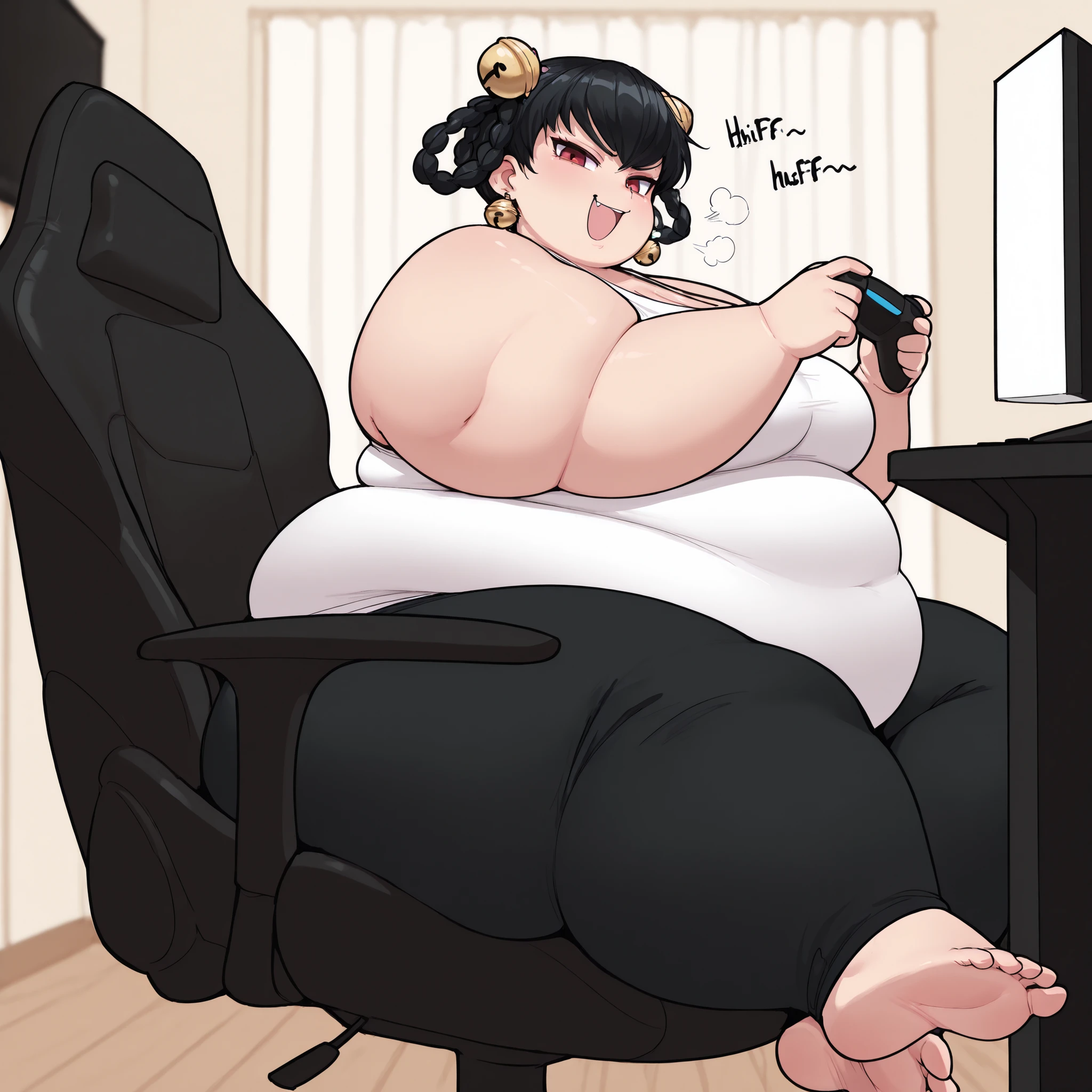 masterpiece, best quality, 1girl, solo opmll, black hair, short hair, hair rings, twin braids, red eyes, hair bell, earrings, breasts, white tank top, breasts, black pants, sitting, gaming chair, holding game controller, smug, looking at viewer, indoors, showing feet, fat, chubby, obese, gigantic arms and legs, large breasts open mouth, out of breath, from side, side view,
