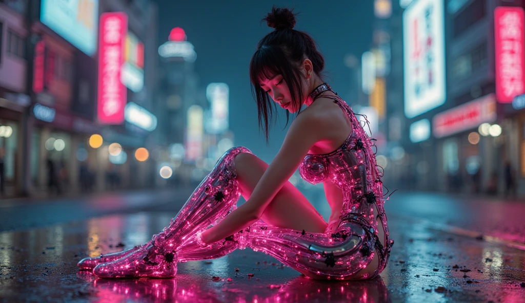 ultra-realistic, photorealistic, dramatic scene, shadow, global-illumination, (20 years old Japanese famous idol girl:1.5), Unconventional skateboarding alone at the top of the tallest building in cyber punk metropolitan, amazing view of skyscrapers at night, dynamic angle, acrobatic pose, masterpiece, (face focus:1.6), beautiful eyes, wearing a cyber punk neon bodysuits, very large breasts, beautiful face,