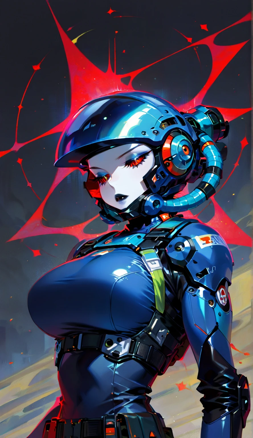 best quality,4k,8k, highres, masterpiece:1.2), extremely detailed eyes, extremely detailed body, (large masterpiece digital art), (detailed manga illustration), (detailed line art), ((perfect anatomy)), (intricate details:1.3), (ultra-detailed:1.3), (illustration:1.3), (sharp focus:1.3), (natural lighting:1.05), (vivid colors:1.3), (masterpiece), (best quality:1.4), (perfect anatomy:1.4), high quality, expressive eyes, full body, tall girl, detailed face, beautiful face, perfect face, breasts, gloves, large breasts, cyberpunk, (black armor), mystic red armor, short hair, ((pale skin)), messy hair, detailed ((dark blue hair)), (honeydew hair), multicolored hair, two-toned hair, detailed eyes, (amber eyes), hourglass physique, mecha musume, fortified suit, mechanical parts, headgear, robot joints, bodysuit, deva battle suit, gloves, thick thighs, toned, emblem, superhero, dynamic lighting, 4k resolution, dynamic pose, weapon, energy weapon portrait, Jeff Bridges, ((cartoon style)), Marvel Cinematic Universe style, (((alien city in the background))), soft bokeh of futuristic city, Atey Ghailan, Jeremy Mann, Greg Manchess, Antonio Moro, trend in ArtStation, trend in CGSociety, Intricate, High Detail, Sharp focus, dramatic and photorealistic painting art by Midjourney and Greg Rutkowski, bokeh in the background