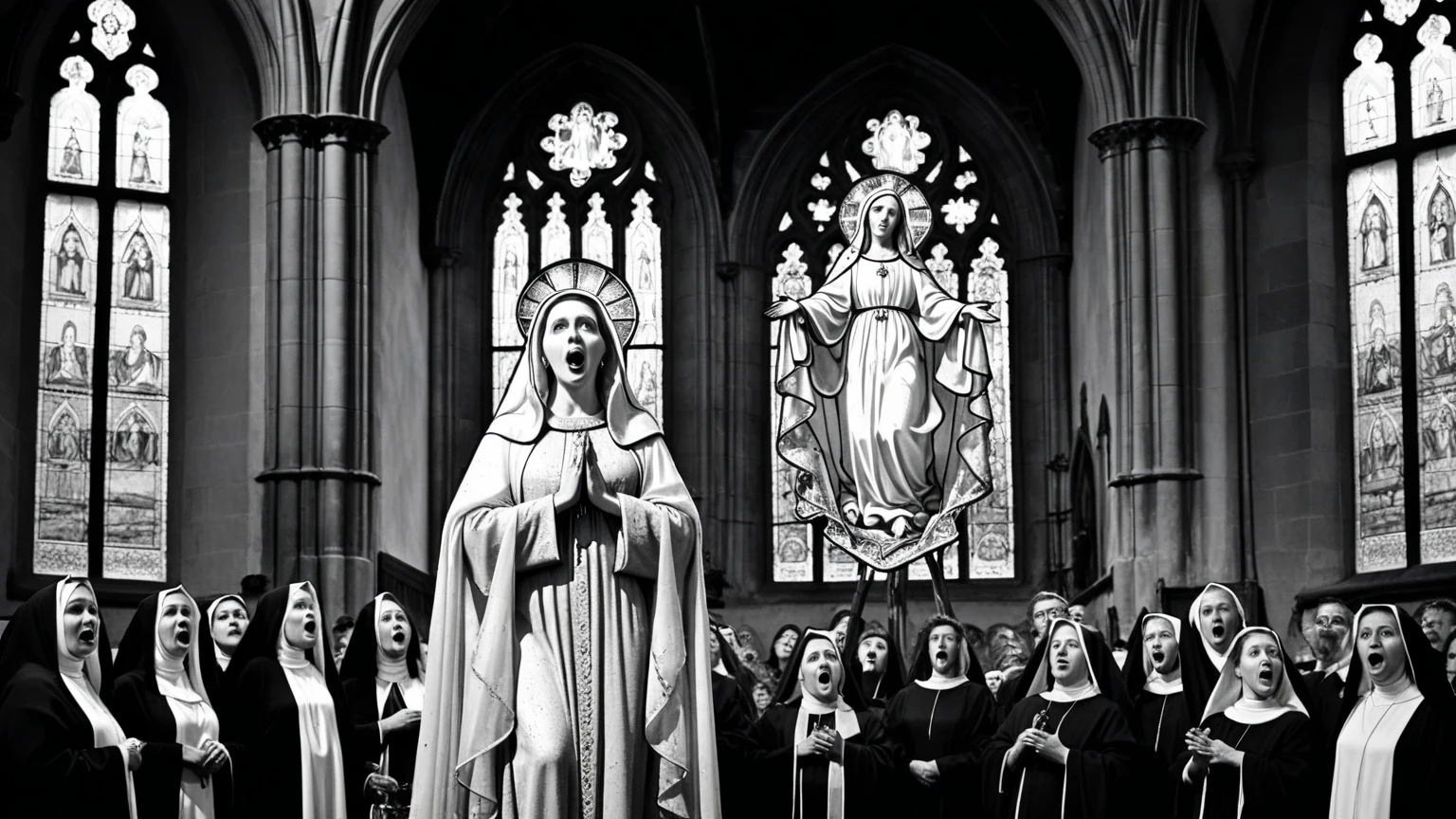 Catholic chapel,cheerful children with guitar,singing and praying to the virgin mary.