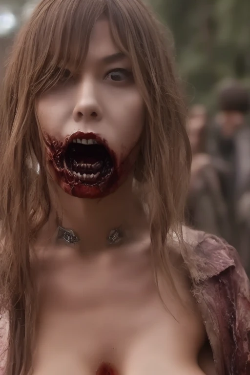 A young zombie woman,looking at and holding a decaying right hand with har left hand, smile on her face, long brown hair, wavy hair, missing left eye, (skull face), (decay skin), (raw skin), ((Decay skin)), ((skull face)), dreary, magnificent, fog, low key, at night, ((RAW photo, 4K, Realistic, Exquisitely Detailed Skin)), Masterpiece, Best quality, offcial art, Unity 8k wallpaper, Ultra detailed , (detaile zombie face),((bloody mouth)), rincled skin, (decay skin), ((pealing off skin decay)),((detailed skull under skin)),  detailed decay skin, looking at the left arm on her right hand, ((grey long beard)), dirty red and black flannel shirt, old black cowboy hat, ((cowboy hat)), masterpiece, best quality, extremely detailed eyes, cinematic lightning, intricate detail, highres, official art, finely detailed face, high resolution illustration, 8k, depth of field, ((zombie)), detailed brown eyes, chaotic city, upper body, profile, post apocalyptic background,  zombie decay skin, detailed face decay, decay, terror,((skull decay face)) scary looking, extremely detailed eyes, extremely realistic photo, (((bloody mouth)))