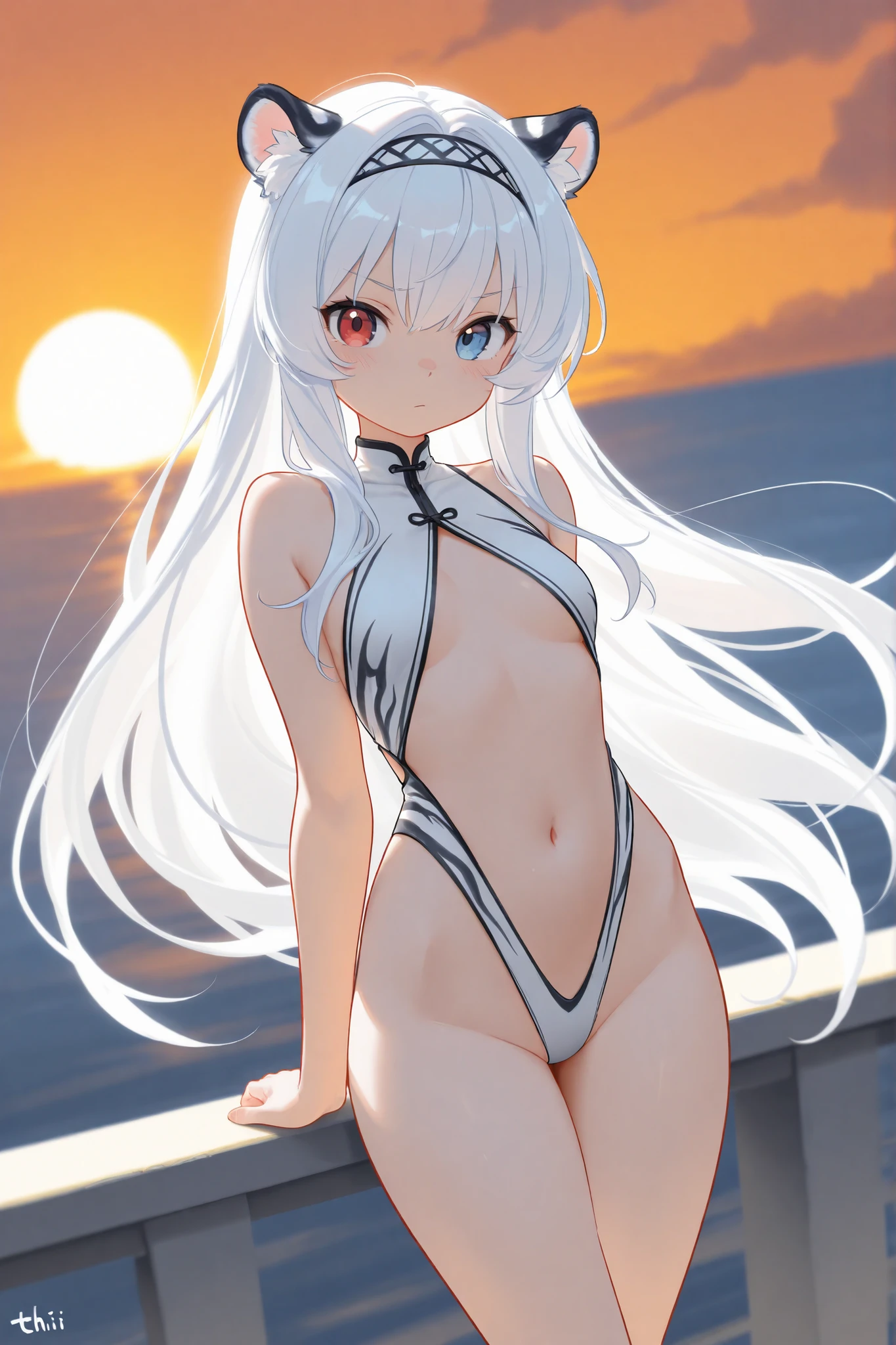 Long white hair, white eyes, athletic body with medium sized body proportions and narrow waist,bikini,detailed hair, detailed eyes,detailed body, best quality, high resolution, 8k