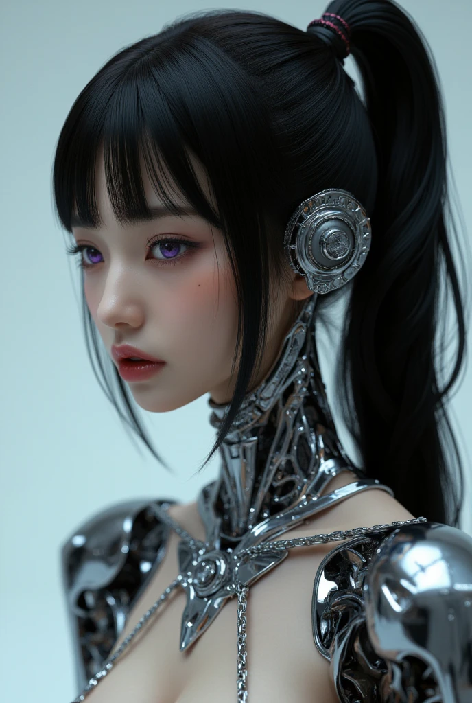 Top Quality, Masterpiece, Ultra High Resolution, (Photorealistic: 1.4), Raw Photo, 1 Girl, Black Hair, Glossy Skin, 1 Mechanical Girl, (Ultra Realistic Details)), Portrait, Global Illumination, Shadows, Octane Rendering, 8K, Ultra Sharp, Big, Cleavage Exposed Raw Skin, Metal, Intricate Ornament Details, Egyptian Details, Very intricate details, realistic light, CGSoation trend, purple eyes, glowing eyes, facing the camera, neon details, mechanical limbs, blood vessels connected to the tube, mechanical vertebrae attached to the back, mechanical cervical attachment to the neck, sitting, wires and cables connecting to the head, evangelion, small LED lamp,