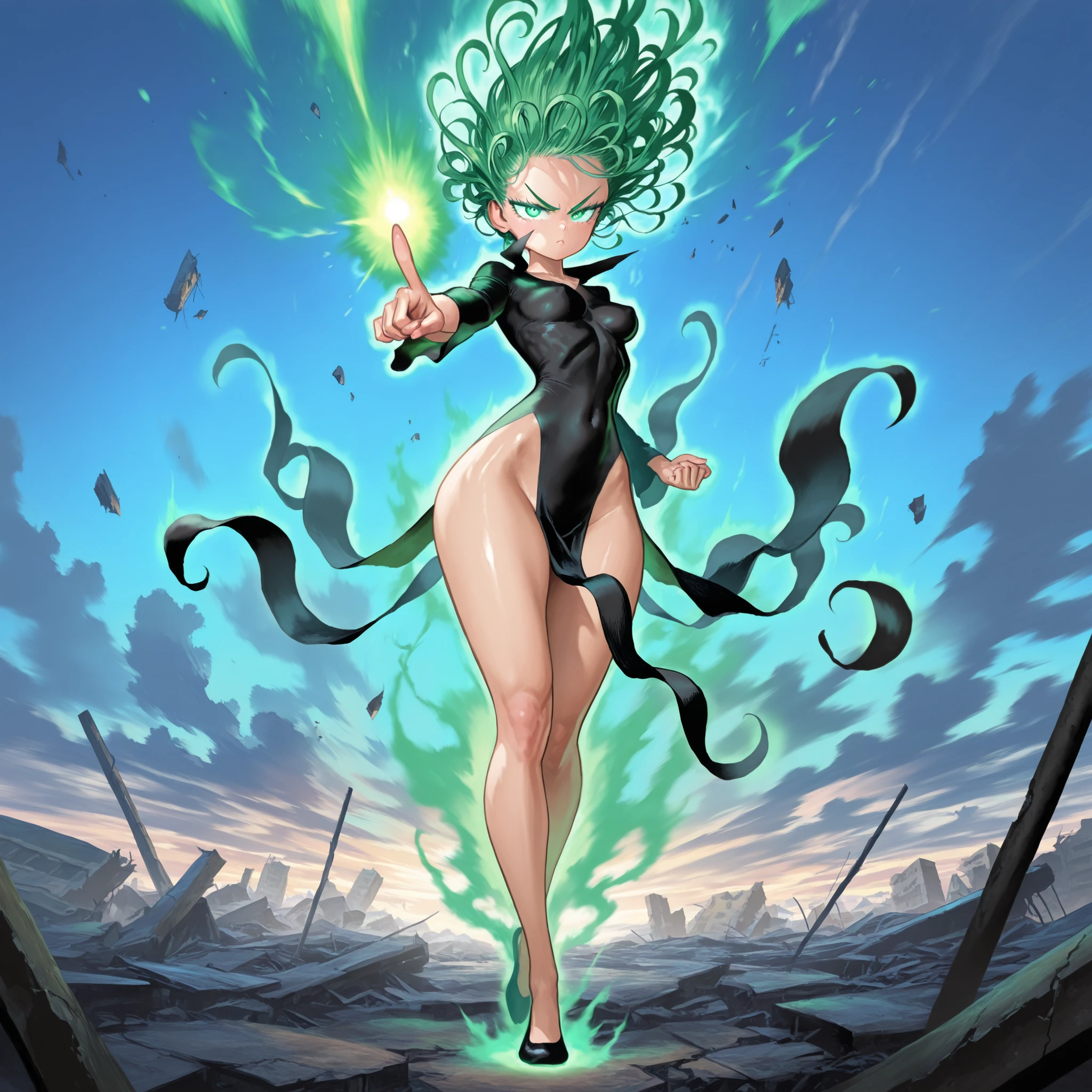 masterpiece, ultra-HD, impressionism, high detail, dynamic lighting, best quality, very aesthetic, 8k, best quality, beautiful, epic, shiny skin, yusuke_murata_style, 1girl, solo, zzTatsumaki, green hair, green eyes, medium breasts, narrow waist, wide hips, thick thighs, black dress, angry, pointing at the viewer, aura, psychic energy, energy, glowing, glowing eyes, floating hair, levitating, flying, full body, ruins background, from the front view