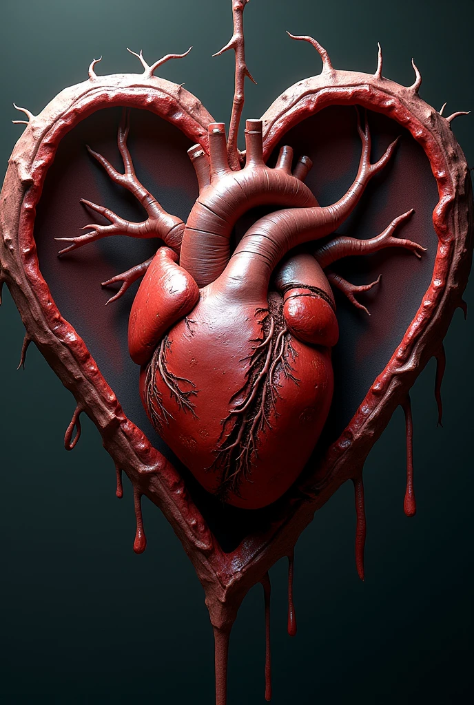 Hyper realistic , 4k, ultra realistic,A Deathcore Metalcore band logo with the text “HopesHeart” at the top center. The text “Broken Chromosomes” at the bottom center. Logo needs to include a very bloody heart getting ripped out of a females chest with thorns, bloody DNA strands, horror, gore, body parts, body organs, gory body heart ripped out