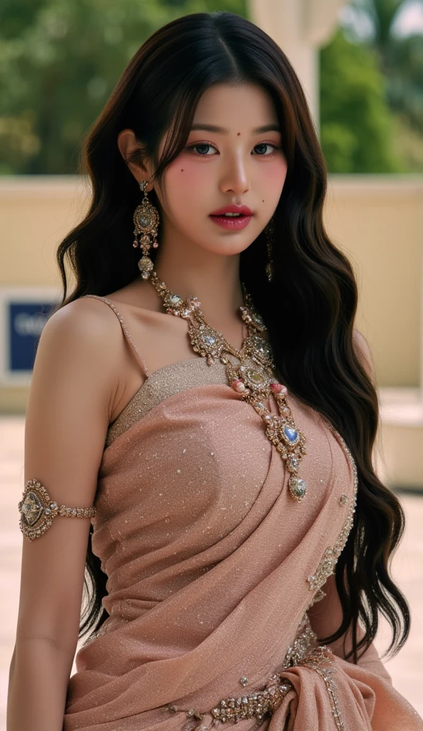 (Nancy McDonie),(full body view in indian dress) , (black dress),(top to bottom),(full body view), (jewelery), ( red hair), (praying in hindu temple), 8k, best quality, (black indian saare), black dress, hot body